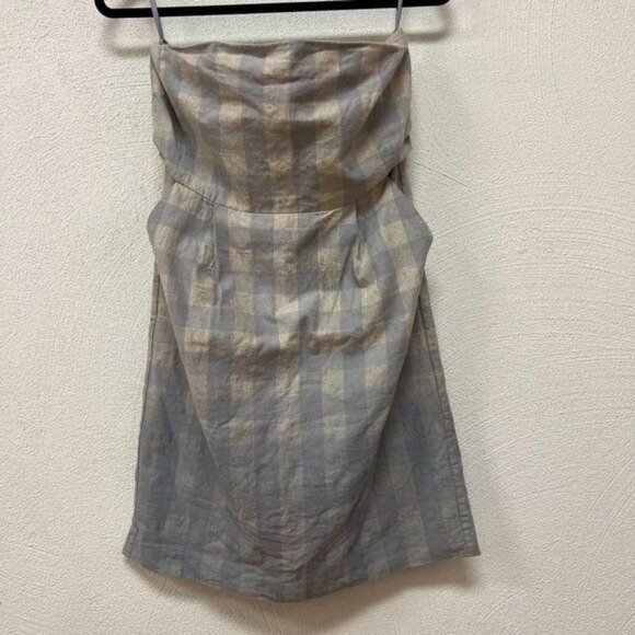 NWT Gap Strapless Gray/khaki Plaid Dress Strapless Back Zip Linen/Cotton Size 8 - Picture 1 of 7